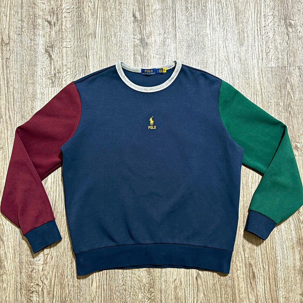 Polo Ralph Lauren Crew Neck Sweatshirt Colorblock Navy Burgundy Green Gray L